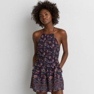 aeo - ruched high neck floral boho halter romper